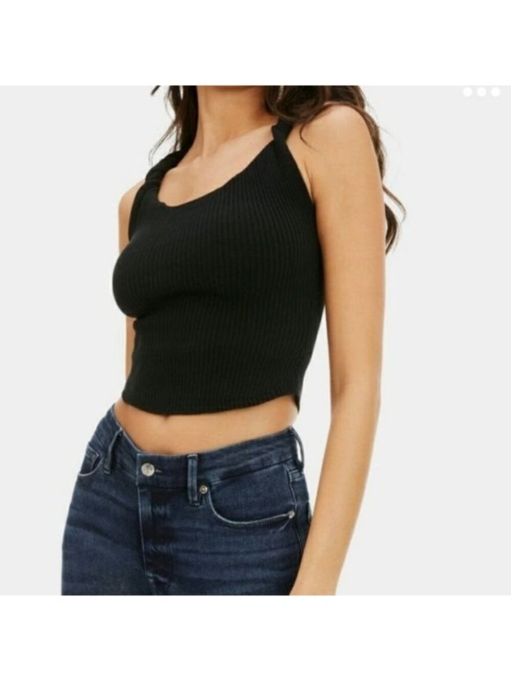 Good American Black Rib Knit Twisted Strap Cotton Blend Crop Top  2x/3x NWT